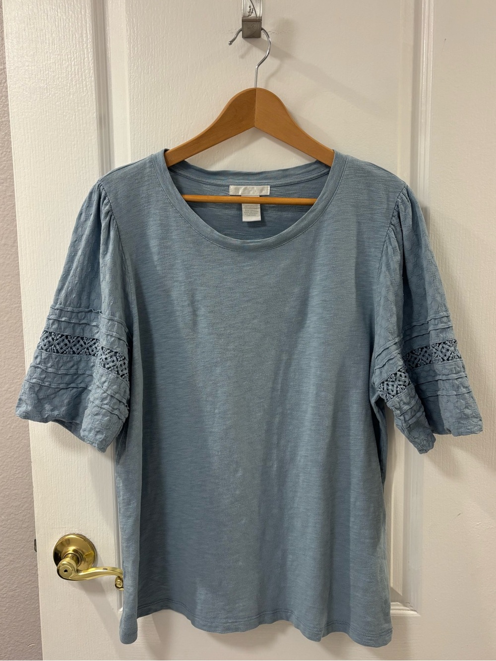 Design History Crochet Lace Puff Sleeve Cotton Slate Blue Slub Knit Tee XL